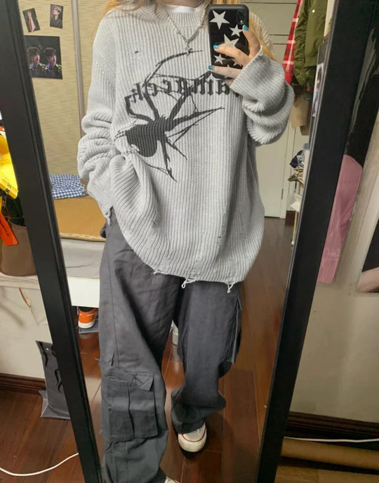 Spider Graphic Knit Sweater – Unisex Oversized Jumper