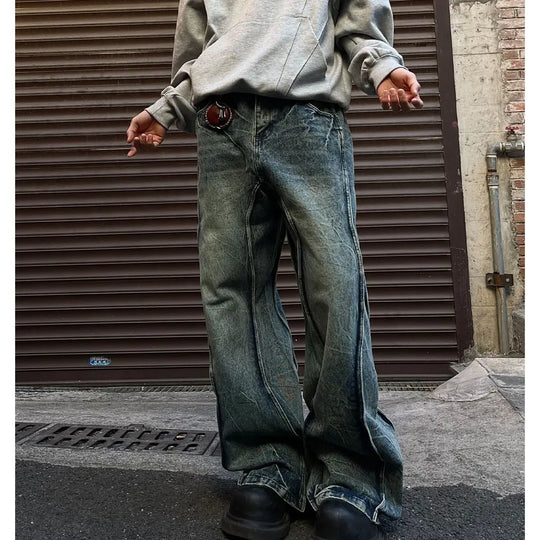 Spliced Flare Baggy Jeans – Unisex Wide-Leg Panelled Denim