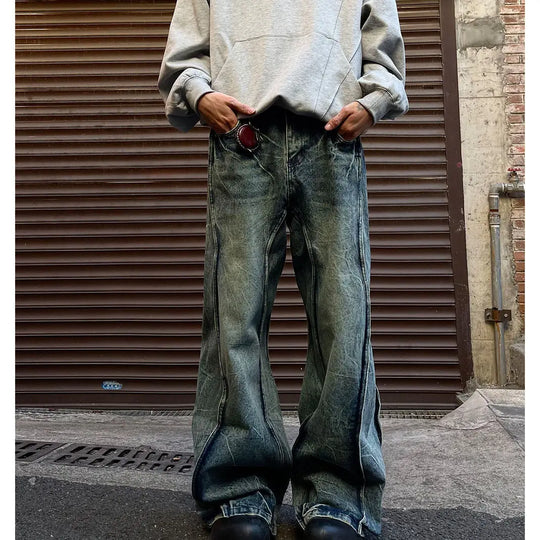 Spliced Flare Baggy Jeans – Unisex Wide-Leg Panelled Denim