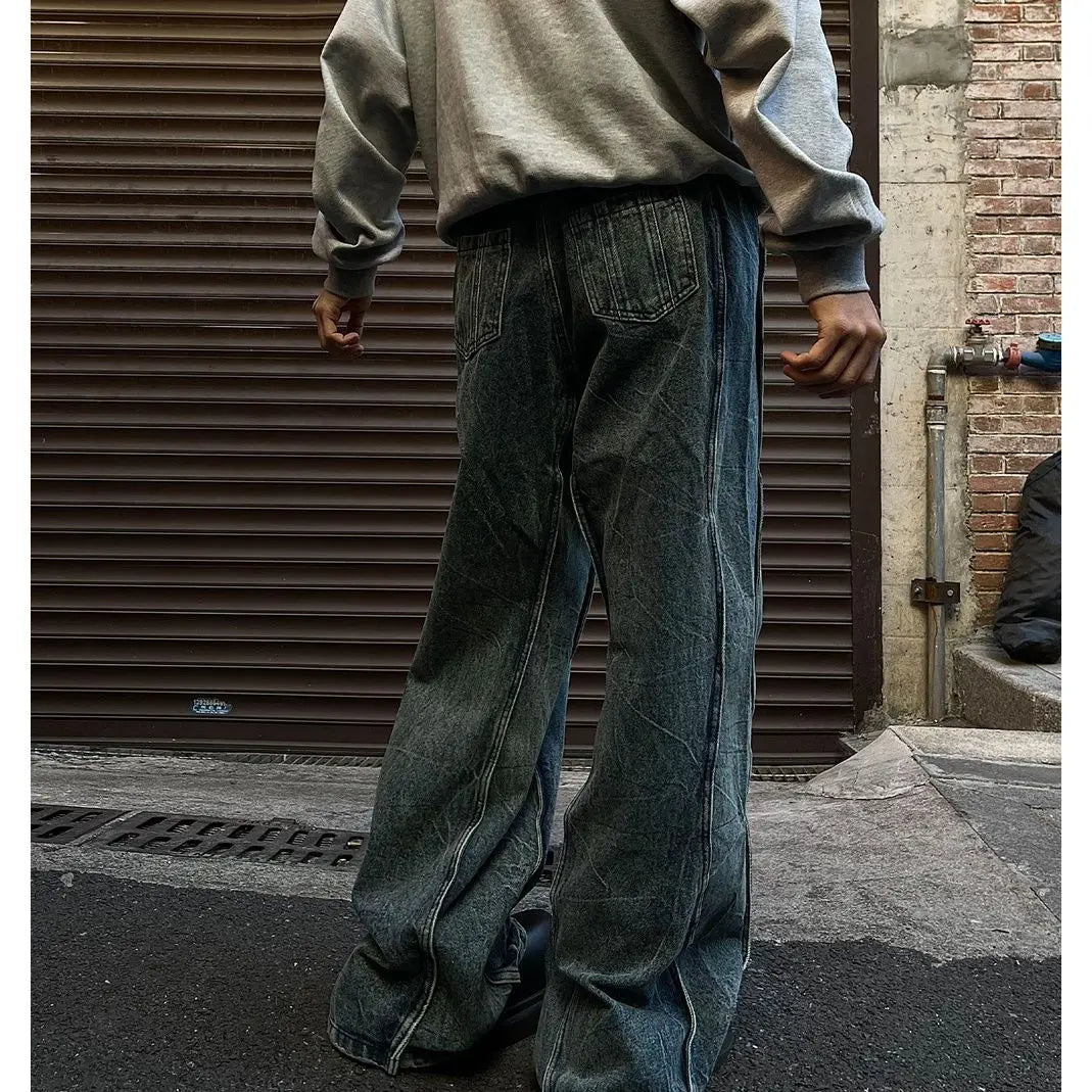Spliced Flare Baggy Jeans – Unisex Wide-Leg Panelled Denim