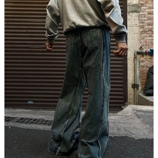 Spliced Flare Baggy Jeans – Unisex Wide-Leg Panelled Denim