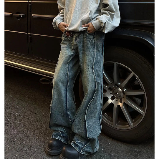 Spliced Flare Baggy Jeans – Unisex Wide-Leg Panelled Denim