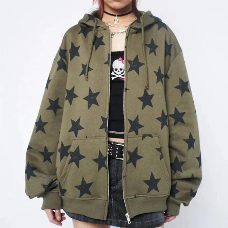 Star Collage Zip-Up Hoodie – Unisex Baggy Full-Zip