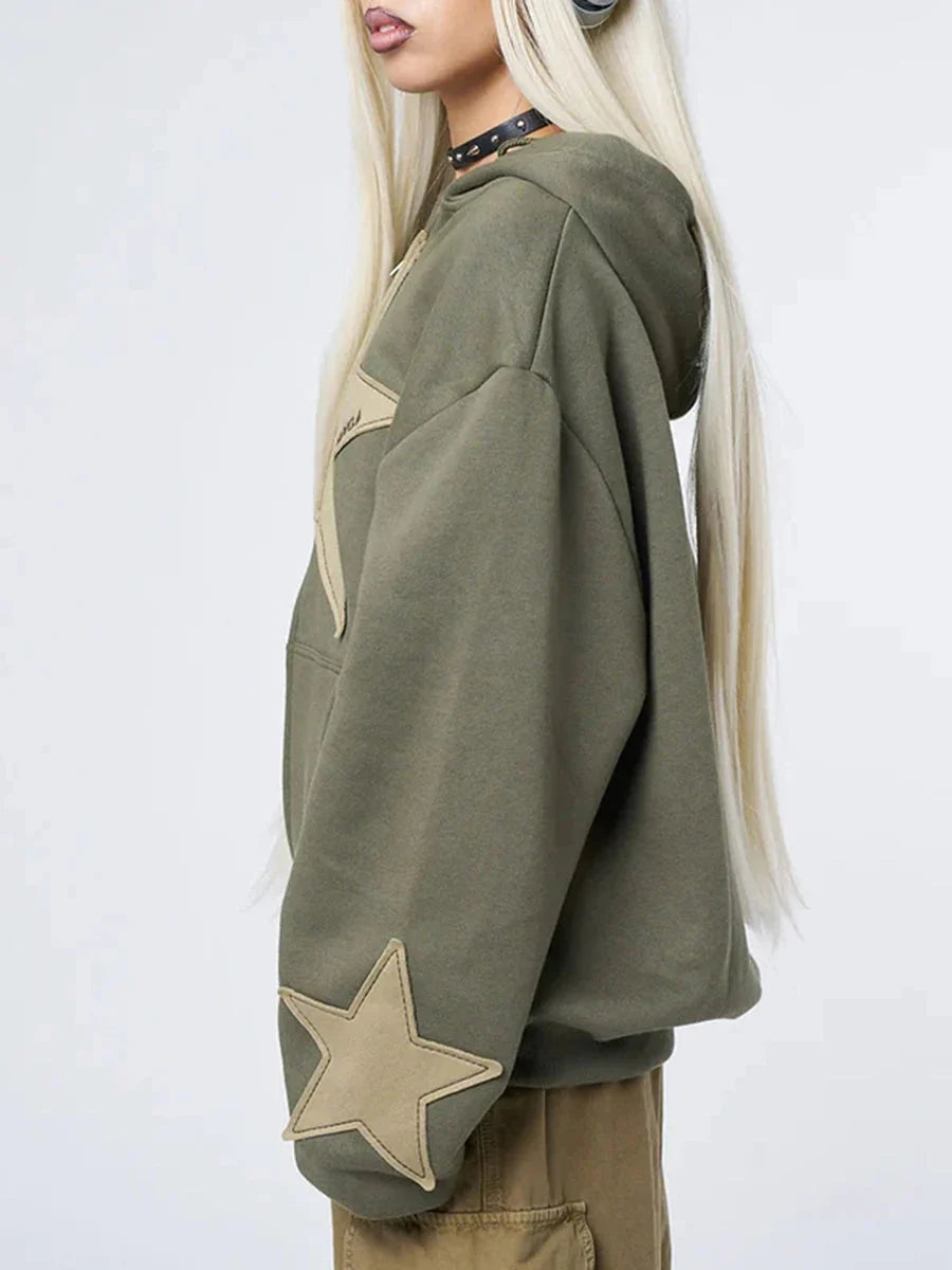 Star Accent Zip-Up Hoodie – Unisex Oversized Baggy Fit