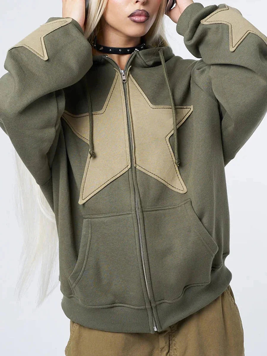 Star Accent Zip-Up Hoodie – Unisex Oversized Baggy Fit