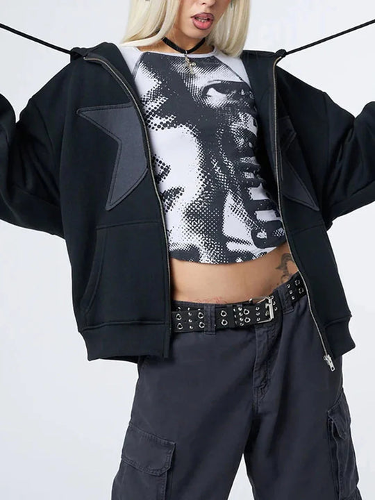 Star Accent Zip-Up Hoodie – Unisex Oversized Baggy Fit
