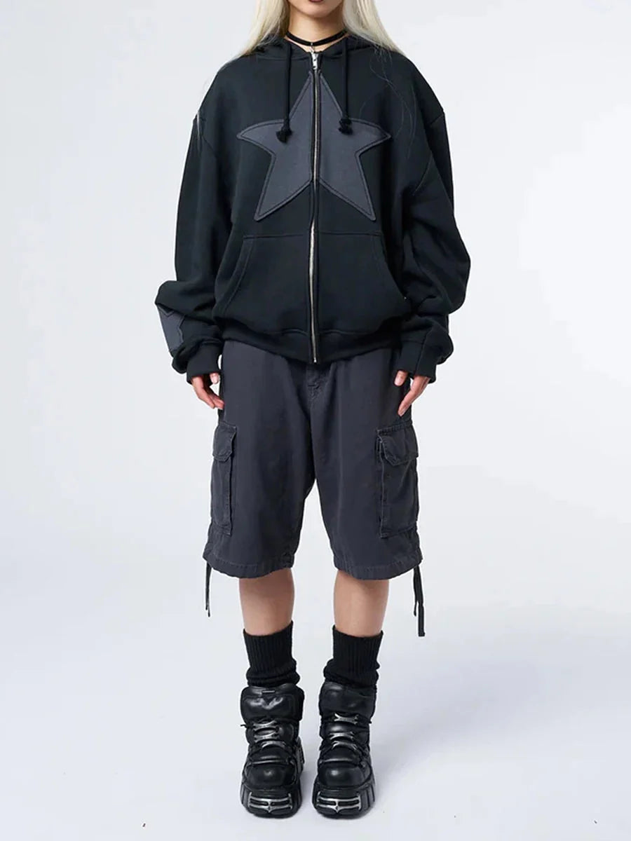 Star Accent Zip-Up Hoodie – Unisex Oversized Baggy Fit