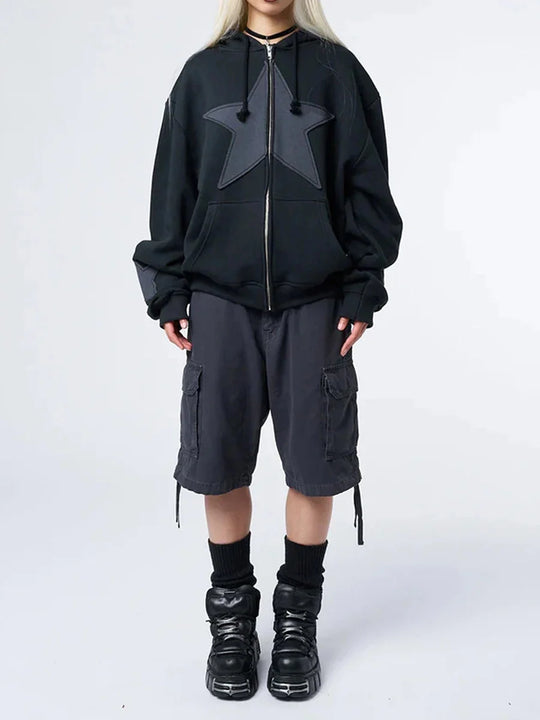 Star Accent Zip-Up Hoodie – Unisex Oversized Baggy Fit