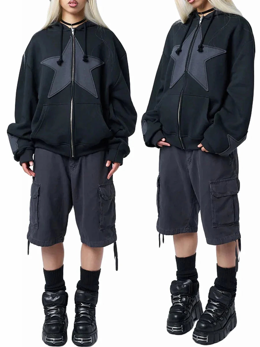 Star Accent Zip-Up Hoodie – Unisex Oversized Baggy Fit
