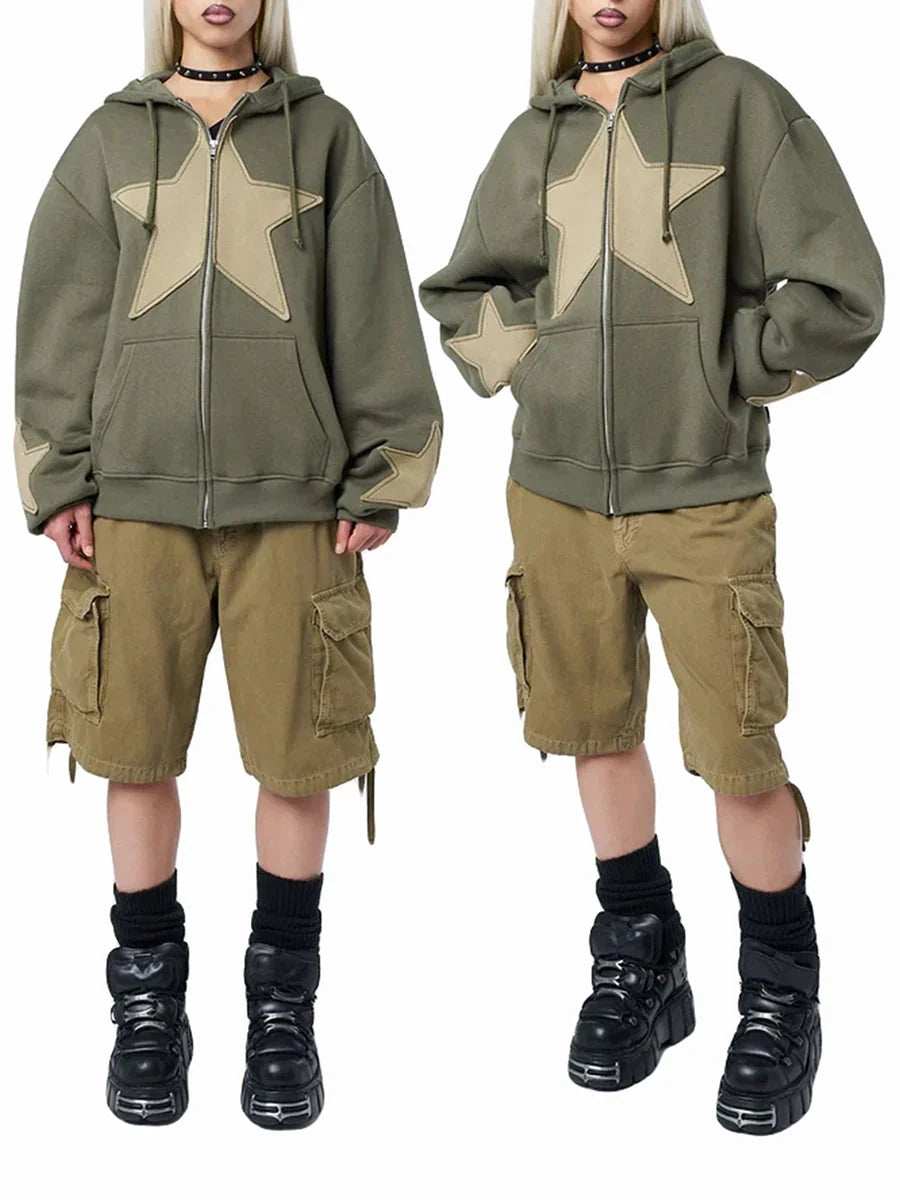 Star Accent Zip-Up Hoodie – Unisex Oversized Baggy Fit
