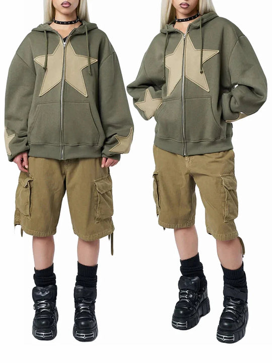 Star Accent Zip-Up Hoodie – Unisex Oversized Baggy Fit