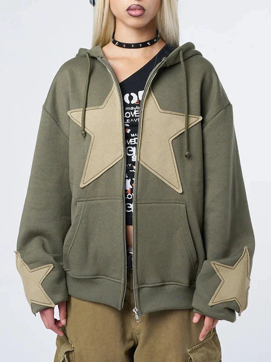 Star Accent Zip-Up Hoodie – Unisex Oversized Baggy Fit
