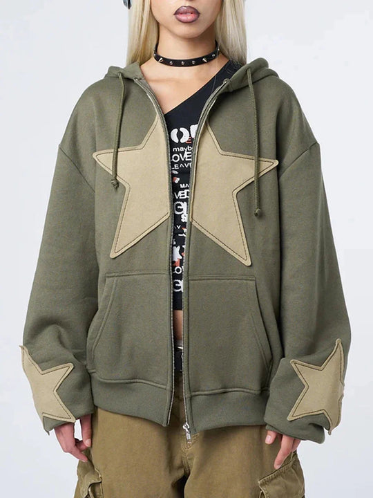 Star Accent Zip-Up Hoodie – Unisex Oversized Baggy Fit