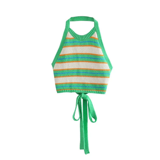Striped Tie-Up Halter Top – Women's Backless Top