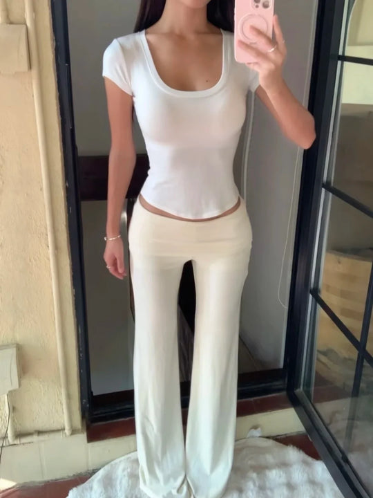Folded Waist Flared Joggers – Women's Low-Rise Cotton Sweatpants