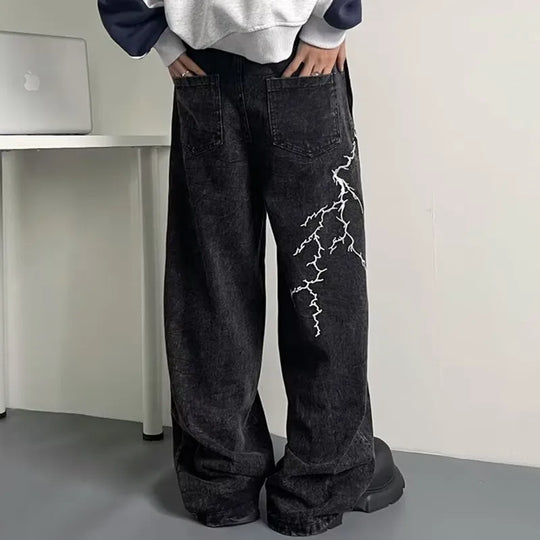 Thunder & Lightning Baggy Jeans – Unisex Wide-Leg Washed Denim