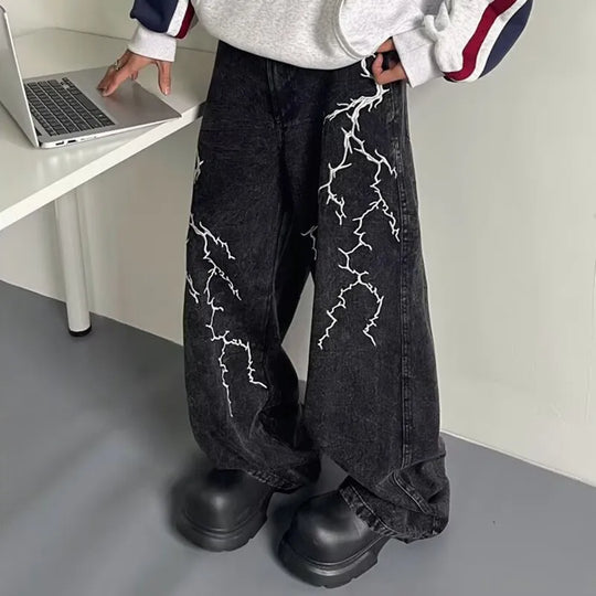 Thunder & Lightning Baggy Jeans – Unisex Wide-Leg Washed Denim
