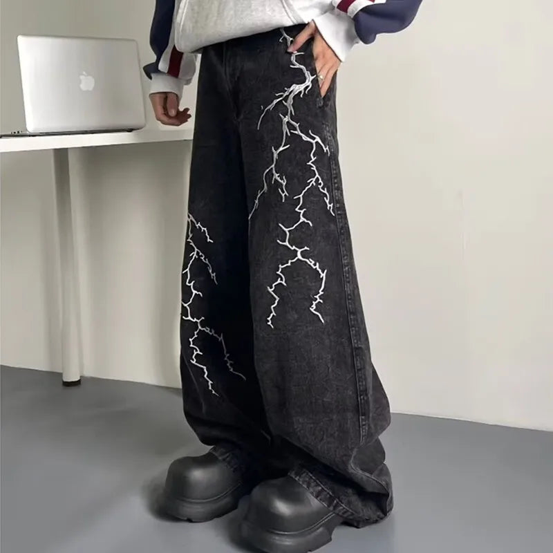 Thunder & Lightning Baggy Jeans – Unisex Wide-Leg Washed Denim
