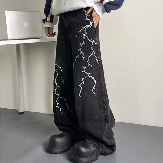 Thunder & Lightning Baggy Jeans – Unisex Wide-Leg Washed Denim