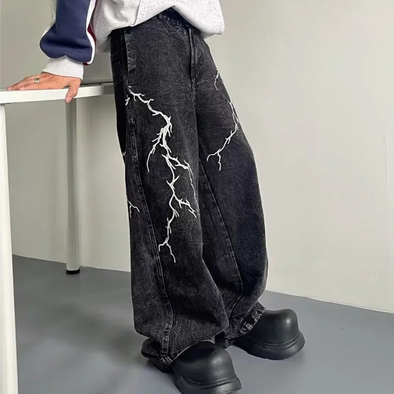 Thunder & Lightning Baggy Jeans – Unisex Wide-Leg Washed Denim