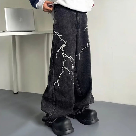 Thunder & Lightning Baggy Jeans – Unisex Wide-Leg Washed Denim