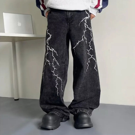 Thunder & Lightning Baggy Jeans – Unisex Wide-Leg Washed Denim