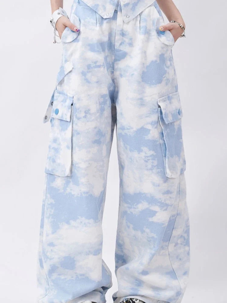 Tie-Dye Cargo Trousers – Women's Wide-Leg Baggy Pants