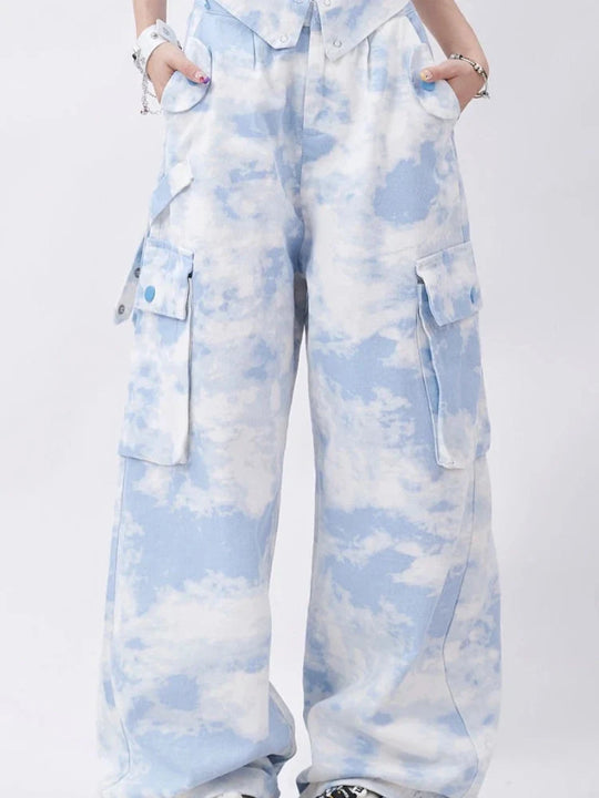 Tie-Dye Cargo Trousers – Women's Wide-Leg Baggy Pants