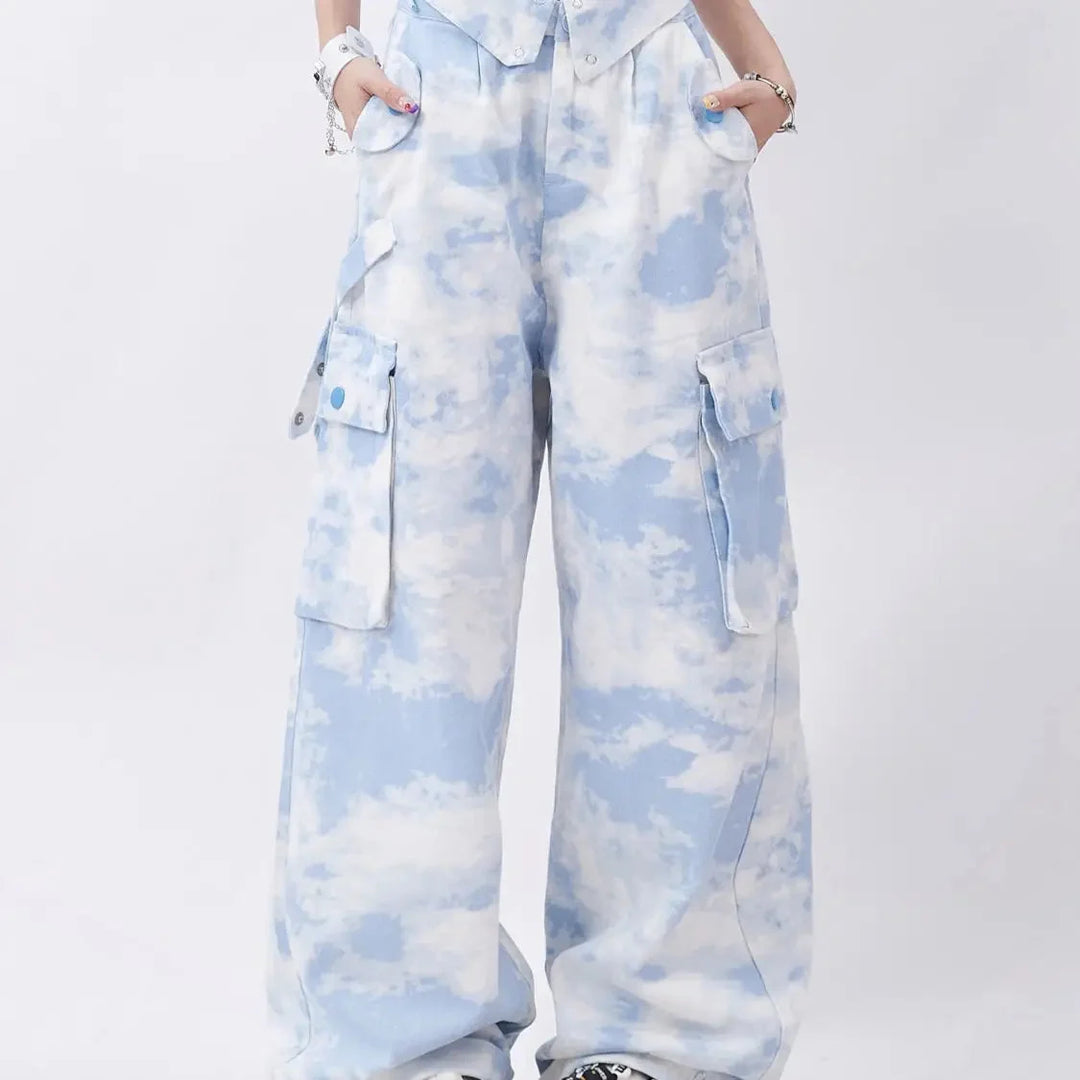 Tie-Dye Cargo Trousers – Women's Wide-Leg Baggy Pants