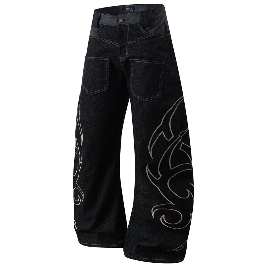 Tribal Embroidered Wide-Leg Jeans – Unisex Baggy Denim