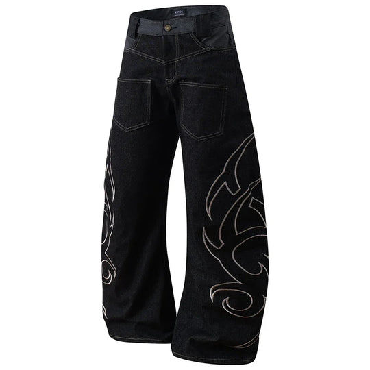 Tribal Embroidered Wide-Leg Jeans – Unisex Baggy Denim
