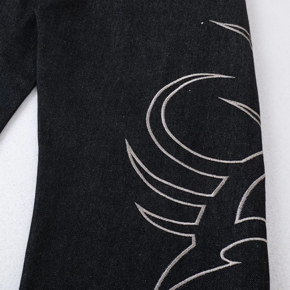Tribal Embroidered Wide-Leg Jeans – Unisex Baggy Denim