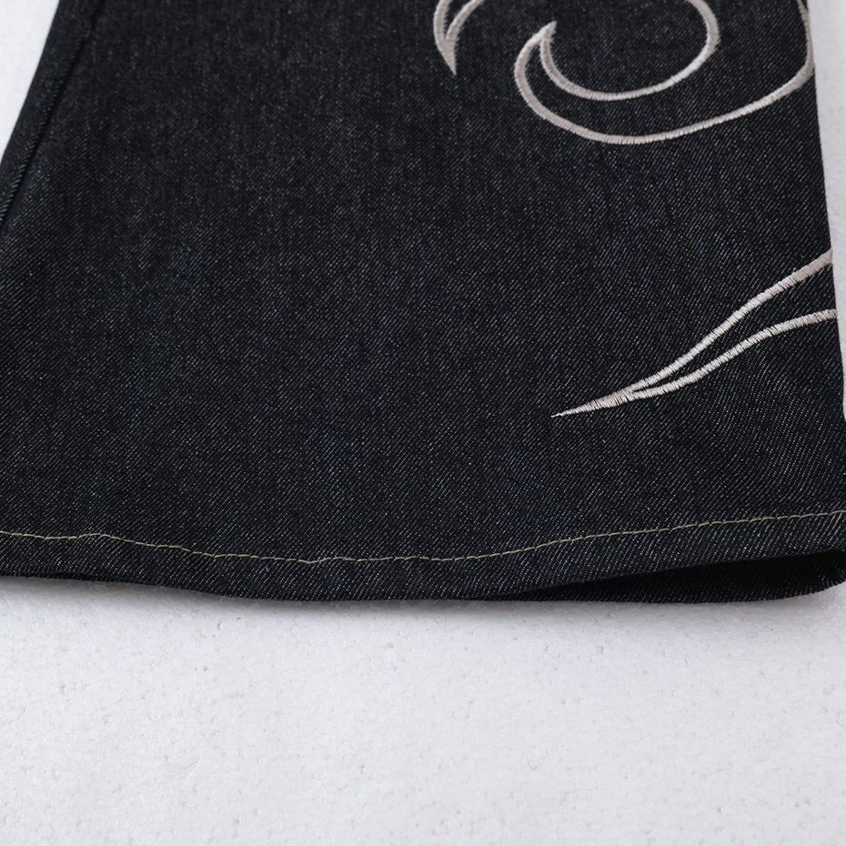 Tribal Embroidered Wide-Leg Jeans – Unisex Baggy Denim