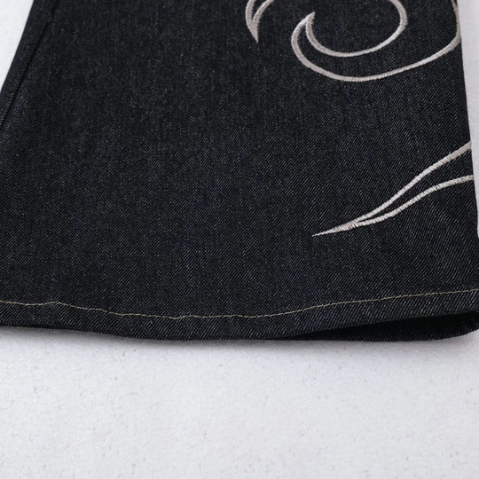 Tribal Embroidered Wide-Leg Jeans – Unisex Baggy Denim