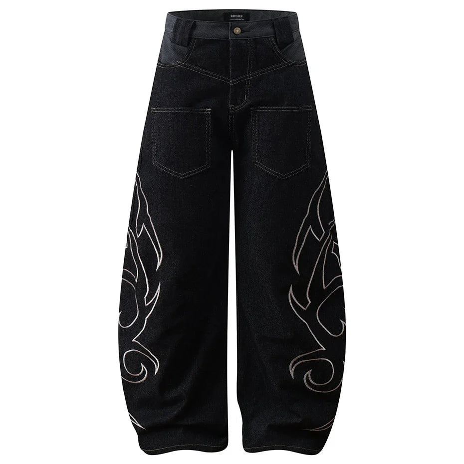 Tribal Embroidered Wide-Leg Jeans – Unisex Baggy Denim