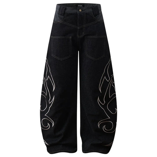 Tribal Embroidered Wide-Leg Jeans – Unisex Baggy Denim