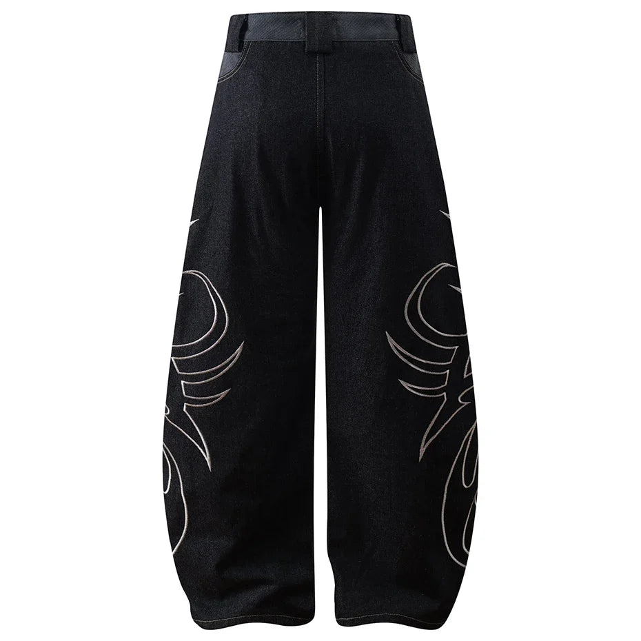 Tribal Embroidered Wide-Leg Jeans – Unisex Baggy Denim