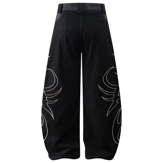 Tribal Embroidered Wide-Leg Jeans – Unisex Baggy Denim