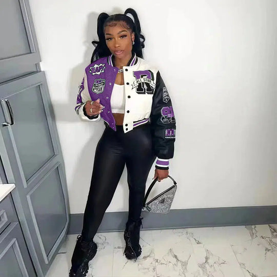 Varsity Bomber Jacket – Women's Embroidered Patch Coat