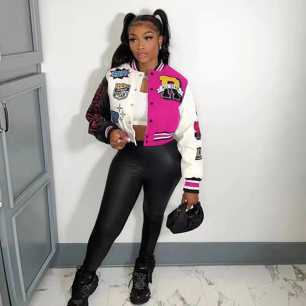 Varsity Bomber Jacket – Women's Embroidered Patch Coat