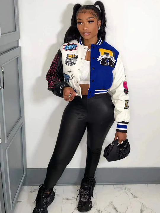 Varsity Bomber Jacket – Women's Embroidered Patch Coat
