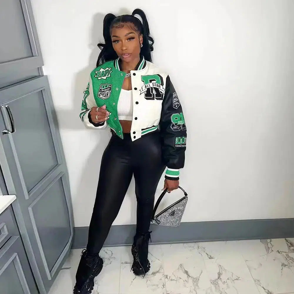 Varsity Bomber Jacket – Women's Embroidered Patch Coat
