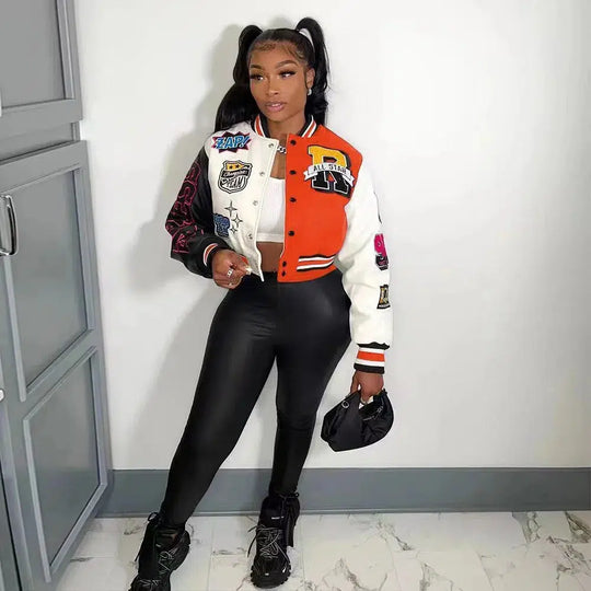 Varsity Bomber Jacket – Women's Embroidered Patch Coat