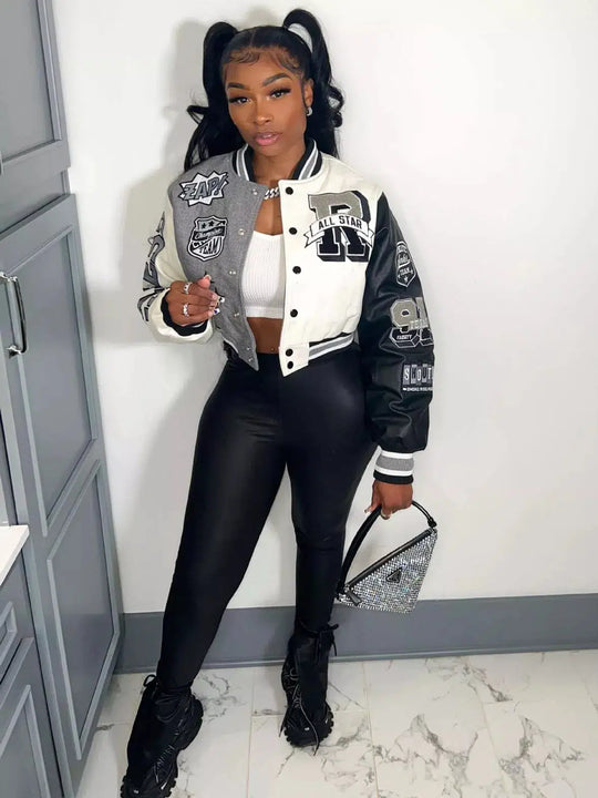 Varsity Bomber Jacket – Women's Embroidered Patch Coat