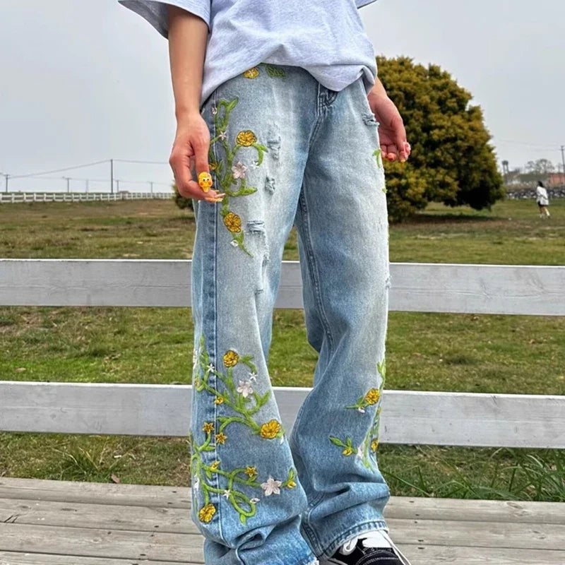 Floral Embroidered Jeans – Unisex Straight Leg Vintage Denim