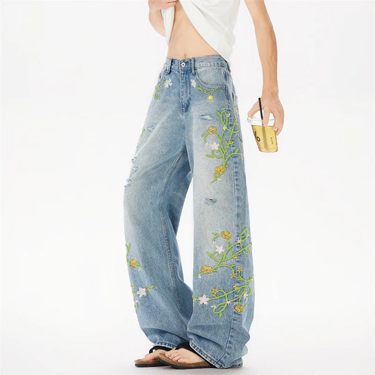 Floral Embroidered Jeans – Unisex Straight Leg Vintage Denim