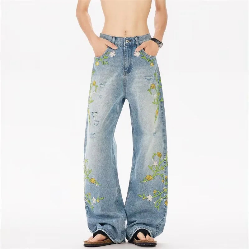 Floral Embroidered Jeans – Unisex Straight Leg Vintage Denim