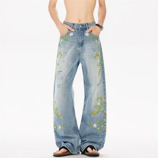 Floral Embroidered Jeans – Unisex Straight Leg Vintage Denim