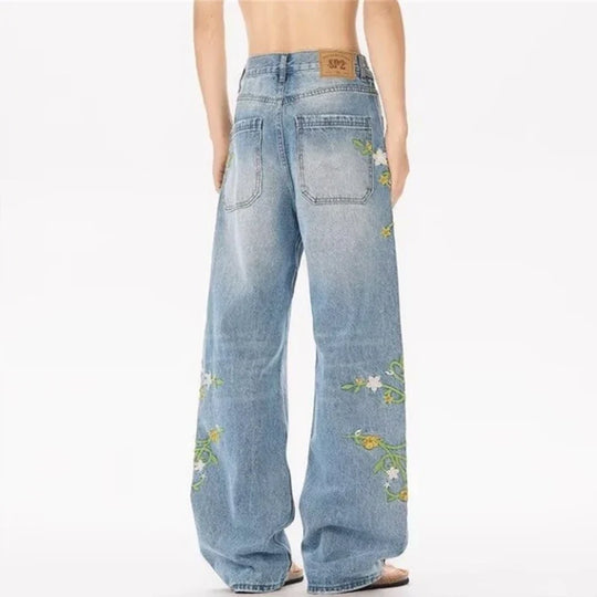 Floral Embroidered Jeans – Unisex Straight Leg Vintage Denim