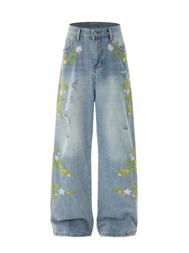 Floral Embroidered Jeans – Unisex Straight Leg Vintage Denim